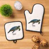 ウミガメ漫画イラストレーション 鍋つかみ&鍋敷きセット (トップダウン)