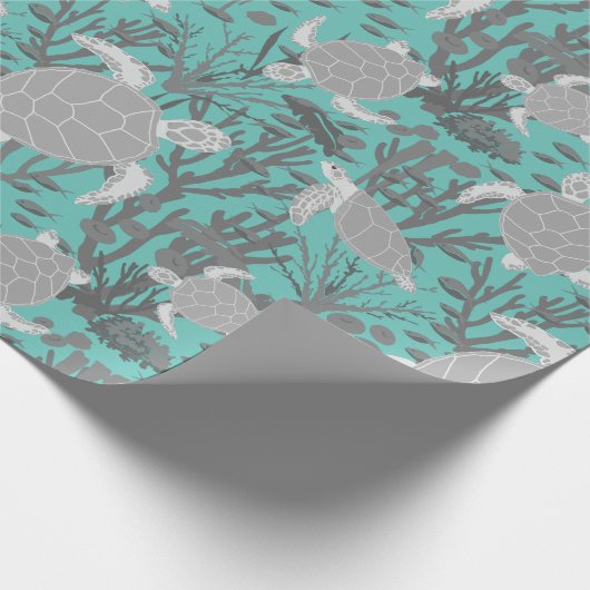 ウミガメ灰色の青い海洋生物 ラッピングペーパー (角)