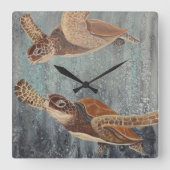 ウミガメ熱帯テーマ海ウォールクロック スクエア壁時計 (正面)