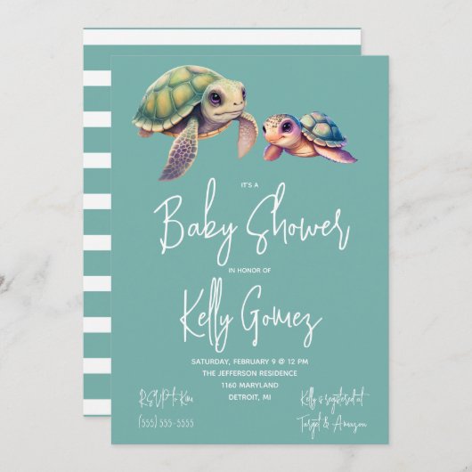 ウミガメ男女兼用ボホおもちゃベビースシャワー 招待状 (正面/裏面)