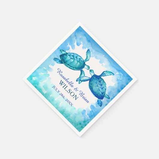 ウミガメ結婚のナプキン |青い緑の水色 スタンダードカクテルナプキン (角)