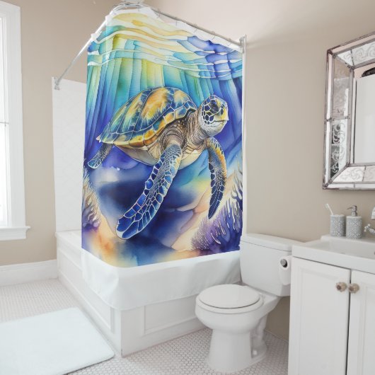 ウミガメ絵を描の水カラフル色 シャワーカーテン (インサイチュ)