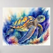 ウミガメ絵を描の水カラフル色X ポスター (正面)