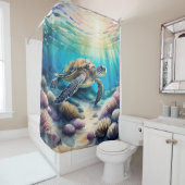 ウミガメ絵を描の水色 シャワーカーテン (インサイチュ)