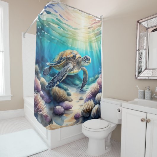 ウミガメ絵を描の水色 シャワーカーテン (インサイチュ)