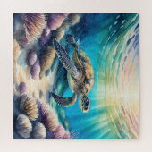 ウミガメ絵を描の水色 ジグソーパズル (横)