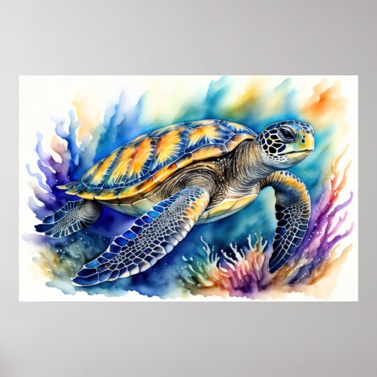 ウミガメ絵画の水カラフル彩色XII ポスター (正面)