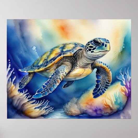 ウミガメ絵画の水カラフル色のIV ポスター (正面)