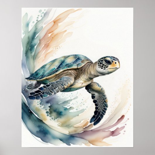 ウミガメ絵画の水色の消色カラーII ポスター (正面)