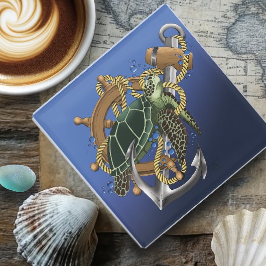 ウミガメ緑の青 ガラスコースター