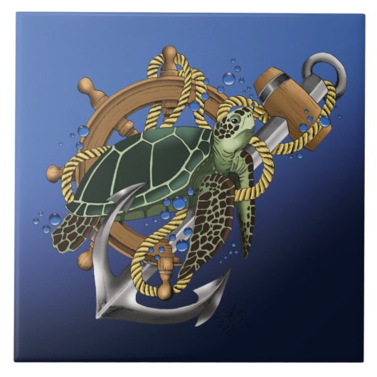 ウミガメ緑の青 タイル (正面)