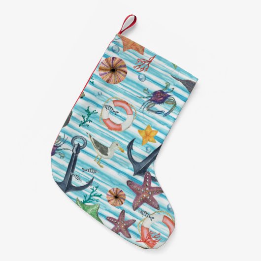 ウミガメ航海のの海魚の模様 スモールクリスマスストッキング (正面 (吊り時))