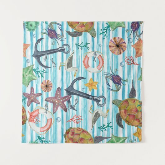 ウミガメ航海のの海魚の模様 タペストリー (正面(横))