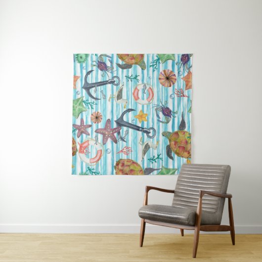 ウミガメ航海のの海魚の模様 タペストリー (インサイチュ(横))