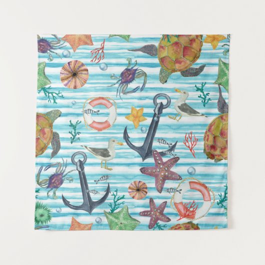 ウミガメ航海のの海魚の模様 タペストリー (正面)