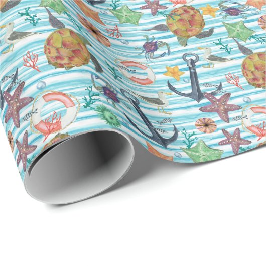ウミガメ航海のの海魚の模様 ラッピングペーパー (ロールコーナー)