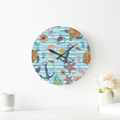 ウミガメ航海のの海魚の模様 ラージ壁時計 (ホーム)