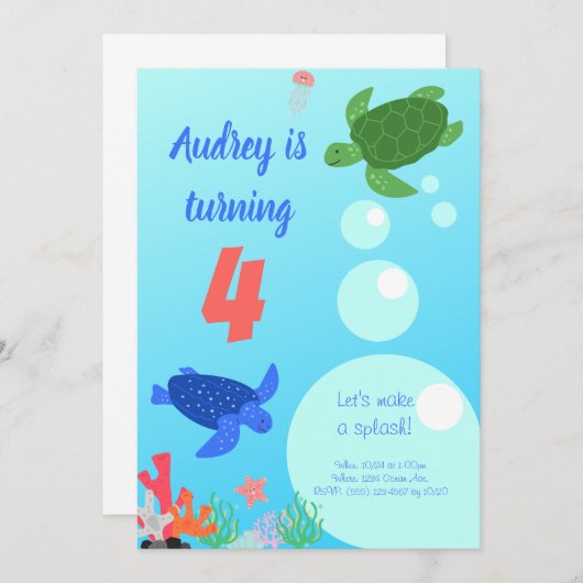 ウミガメ誕生日招待状 招待状 (正面/裏面)