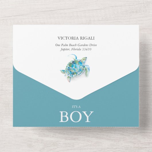 ウミガメ赤ちゃんシャワーすべて1つの招待状 オールインワン招待状 (裏面)