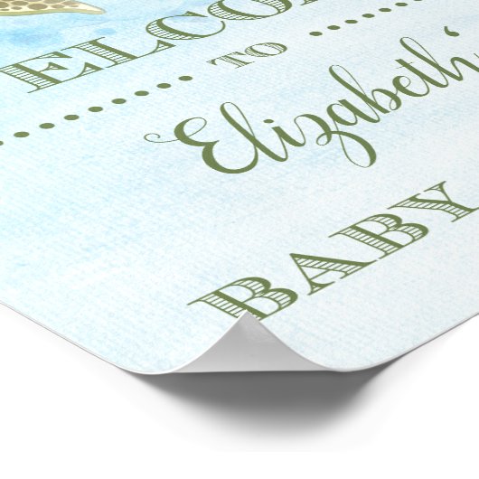 ウミガメ赤ちゃんシャワーウェルカムサインビーチ海 ポスター (角)