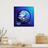 ウミガメ青い月ウミガメのレース ポスター (キッチン)