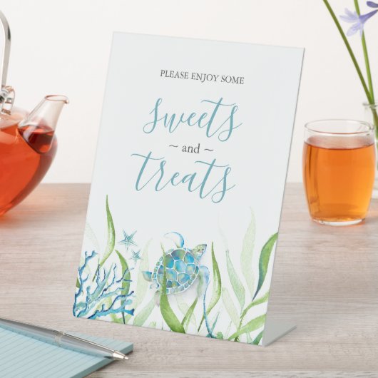 ウミガメ青と緑のデザート卓上看板 台座サイン (インサイチュ)