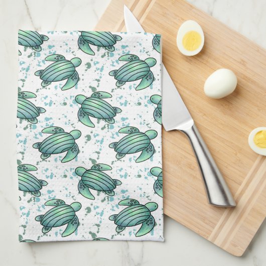 ウミガメ青模様 キッチンタオル (四つ折り)