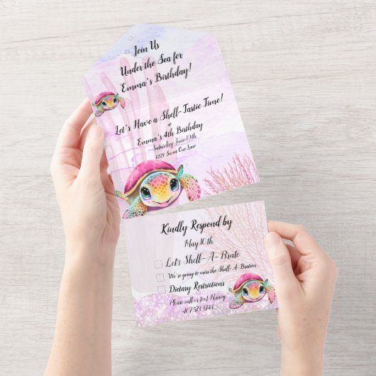ウミガメ4歳の誕生日、海中 オールインワン招待状 (貼ってはがせる)