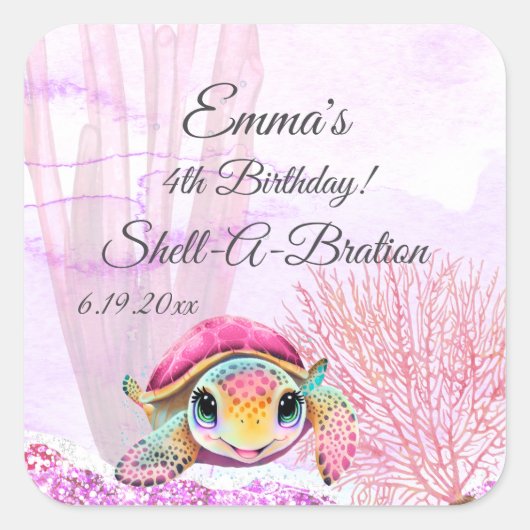 ウミガメ4歳の誕生日、海中 スクエアシール (正面)