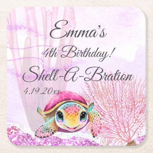 ウミガメ4歳の誕生日、海中 スクエアペーパーコースター (正面)