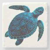 ウミガメ、タトゥースタイル、ブルーデジタルスケッチ ストーンコースター (正面)