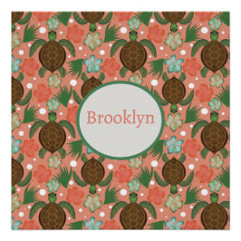 ウミガメ&ハイビスカスコーラルピンクフローラ名 ポスター