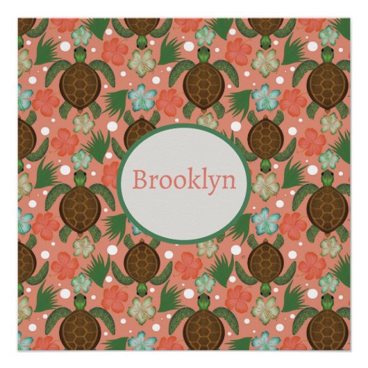 ウミガメ&ハイビスカスコーラルピンクフローラ名 ポスター (正面)