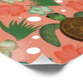 ウミガメ&ハイビスカスコーラルピンクフローラ名 ポスター (コーナー)