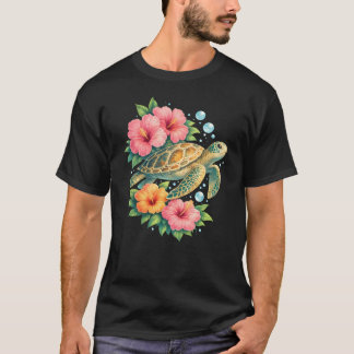 ウミガメ フローラル トロピカル オーシャン タートル Tシャツ