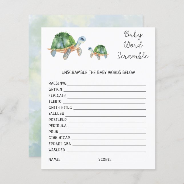 ウミガメ – ベビー言葉スクランブル |赤ちゃんシャワーゲーム (正面/裏面)