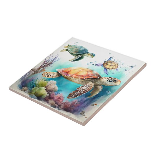 ウミガメ,水彩珊瑚礁セラミックタイル タイル (側面)