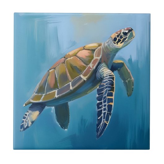 ウミガメ 海の生き物 水彩画 タイル (正面)