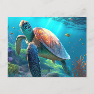 ウミガメ、熱帯魚、サンゴ(青海) ポストカード