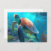 ウミガメ、熱帯魚、サンゴ(青海) ポストカード (正面/裏面)
