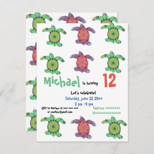 ウミガメ、誕生日パーティーの招待 招待状 (正面/裏面)