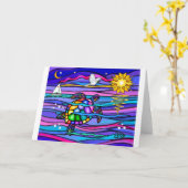 ウミガメ（青/ピンク） カード (黄色い花)