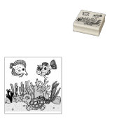 ウミガメ、魚とサンゴの海底海 ラバースタンプ (押印)