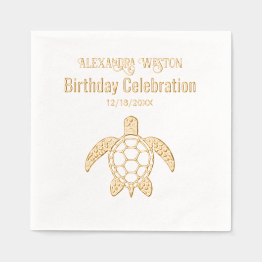 ウミガメ#5誕生日パーティーお祝い名日付 箔ナプキン (正面)