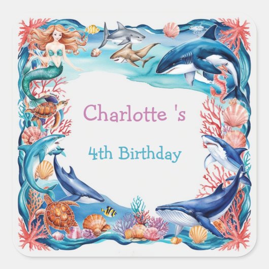 ウメお洒落ジンベイザメ誕生日 スクエアシール (正面)