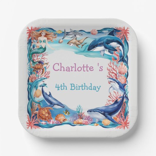 ウメお洒落ジンベイザメ誕生日 ペーパープレート (正面)