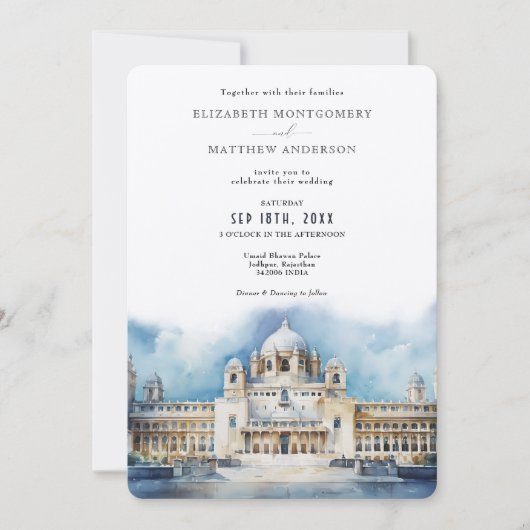 ウメイドバワンパレス結婚インドの水彩画 招待状 (正面)