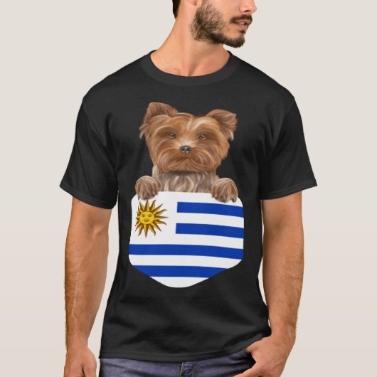 ウルグアイ国旗Yorkshire Terrier Dog In Pocket Tシャツ (正面)