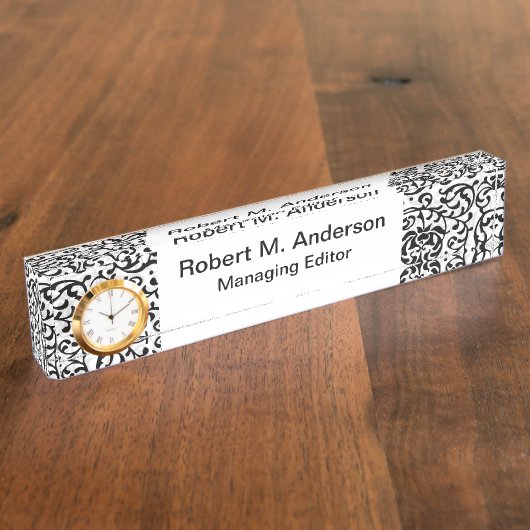 ウルトラエレガントブラックとホワイトのフローラファンシーダマスク デスクネームプレート (側面)