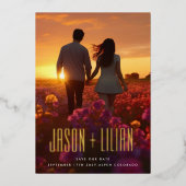 ウルトラシンプルはっきりしたー名金ゴールド写真救私たちの日付 箔招待状 (正面)